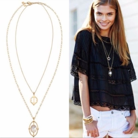 NWT Stella & Dot Fortuna Stone Pendant Gold Necklace & Mother of Pearl - Picture 1 of 11